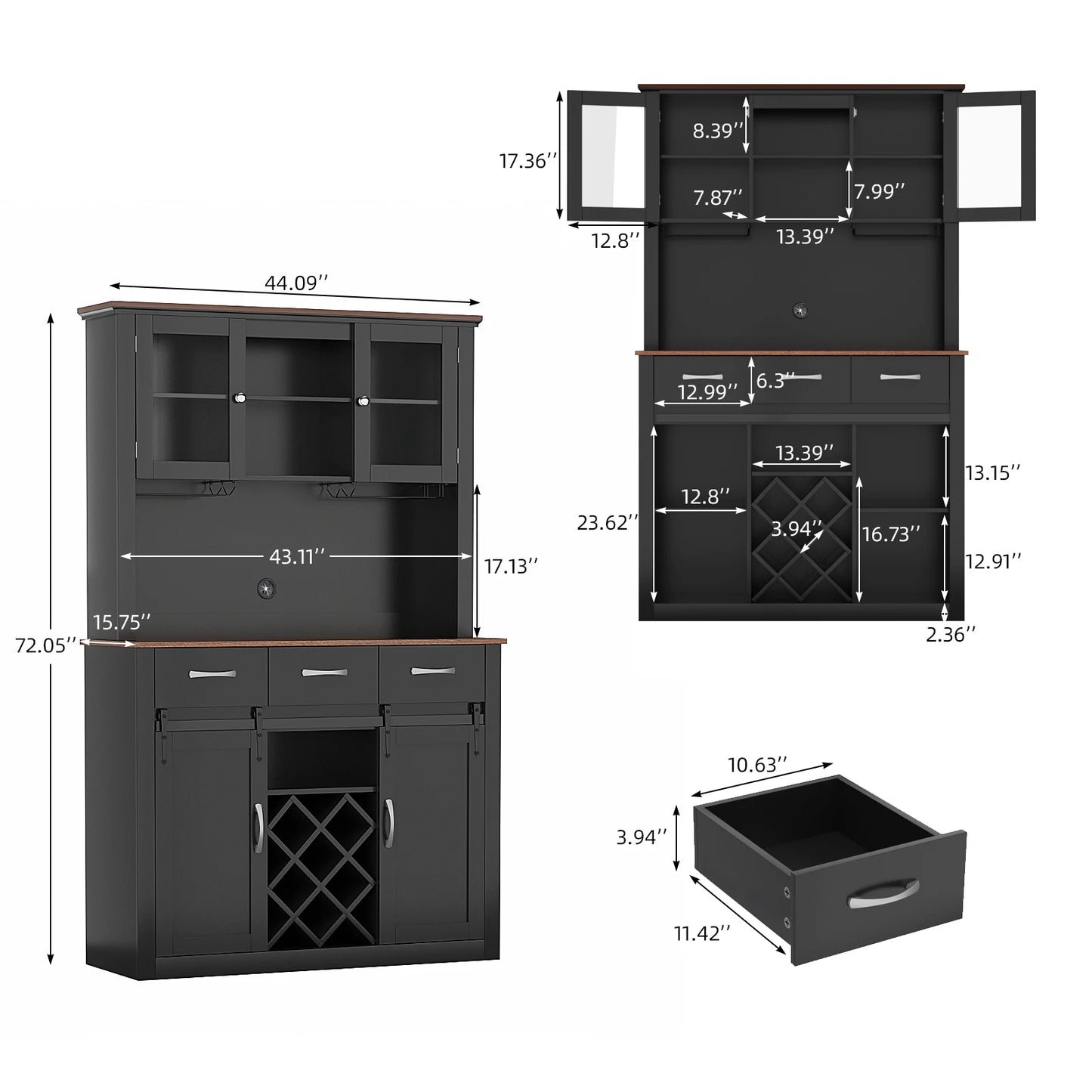 72" Tall Farmhouse Bar Cabinet with Sliding Barn Doors, Kitchen Pantry Storage Cabinet with Wine & Glass Racks