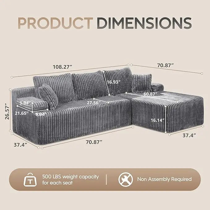 Modular L Shaped 3 Seat Sectional With Memory Foam Storage