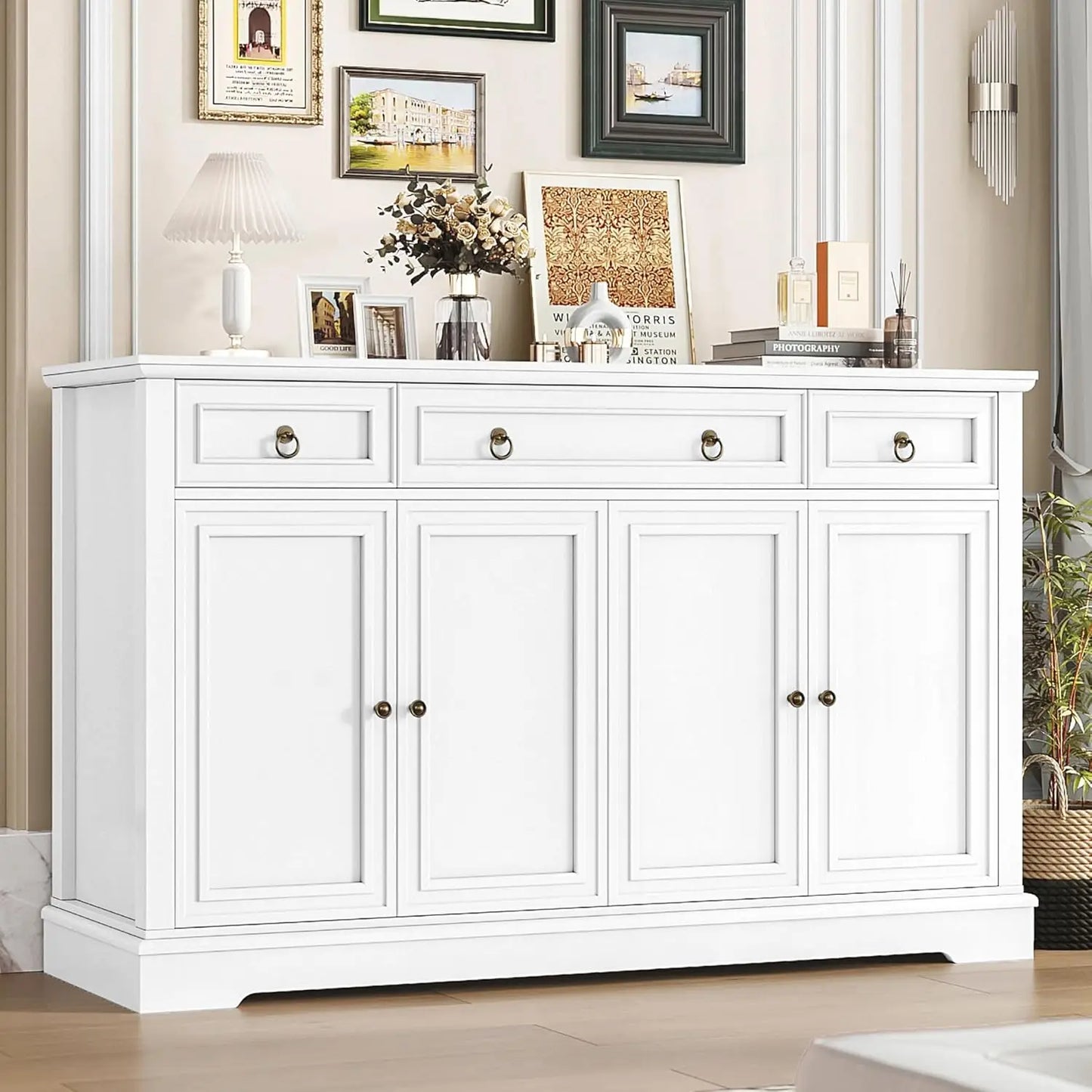 White Kitchen Buffet Cabinet With Storage 52 Inch Sideboard