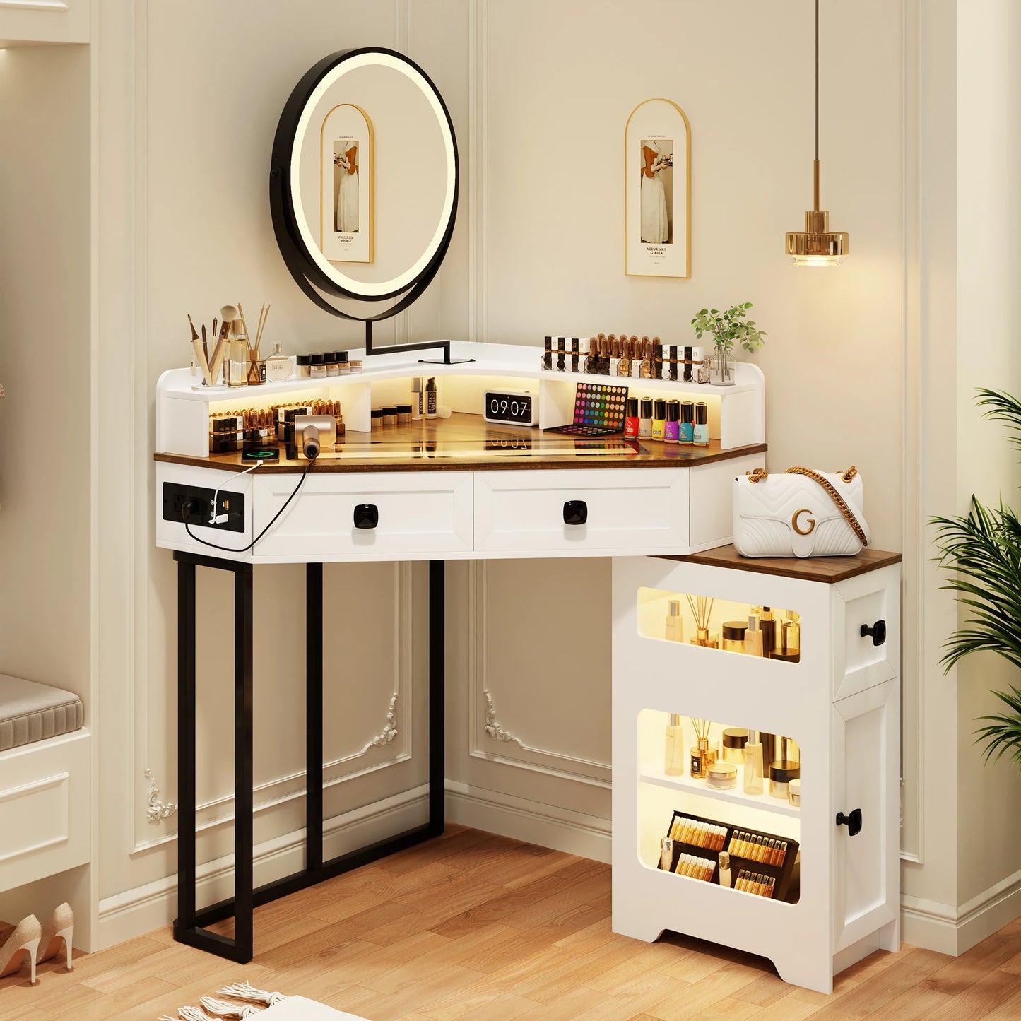 JDPAG Corner Vanity Desk with Mirror and Lights, Makeup Vanity with Charging Station&Human Sensor Light, Dressing Table