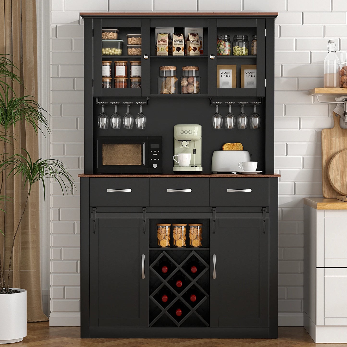 72" Tall Farmhouse Bar Cabinet with Sliding Barn Doors, Kitchen Pantry Storage Cabinet with Wine & Glass Racks