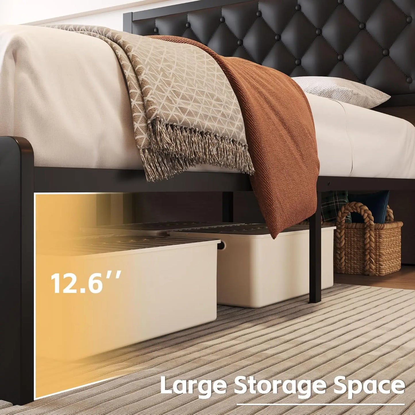 Queen Upholstered Leather Headboard Platform Bed Frame Slats