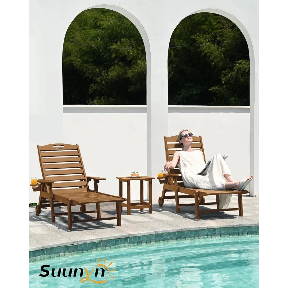 Outdoor HDPE Teak Lounge Chairs Set Of 2 Cup Holders