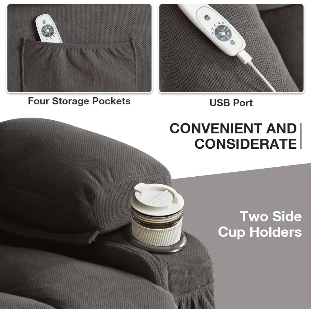 Power Lift Recliner Chair with Heat and Massage, Electric, Fabric Recliner Chair for Elderly with Side Pocket, USB Charge Port