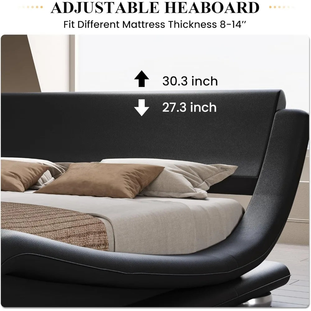 Queen Size Faux Leather Bed Frame With Ergonomic Headboard