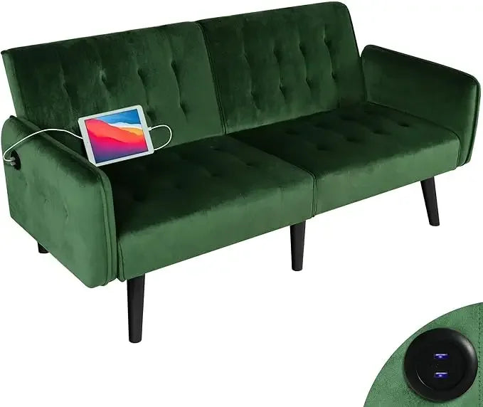 65“ Convertible Sofa Bed w/ 2 USB, Small Adjustable Folding Couch Loveseat, Modern Mid Century Sleeper Sofa for Living Room, Bedroom