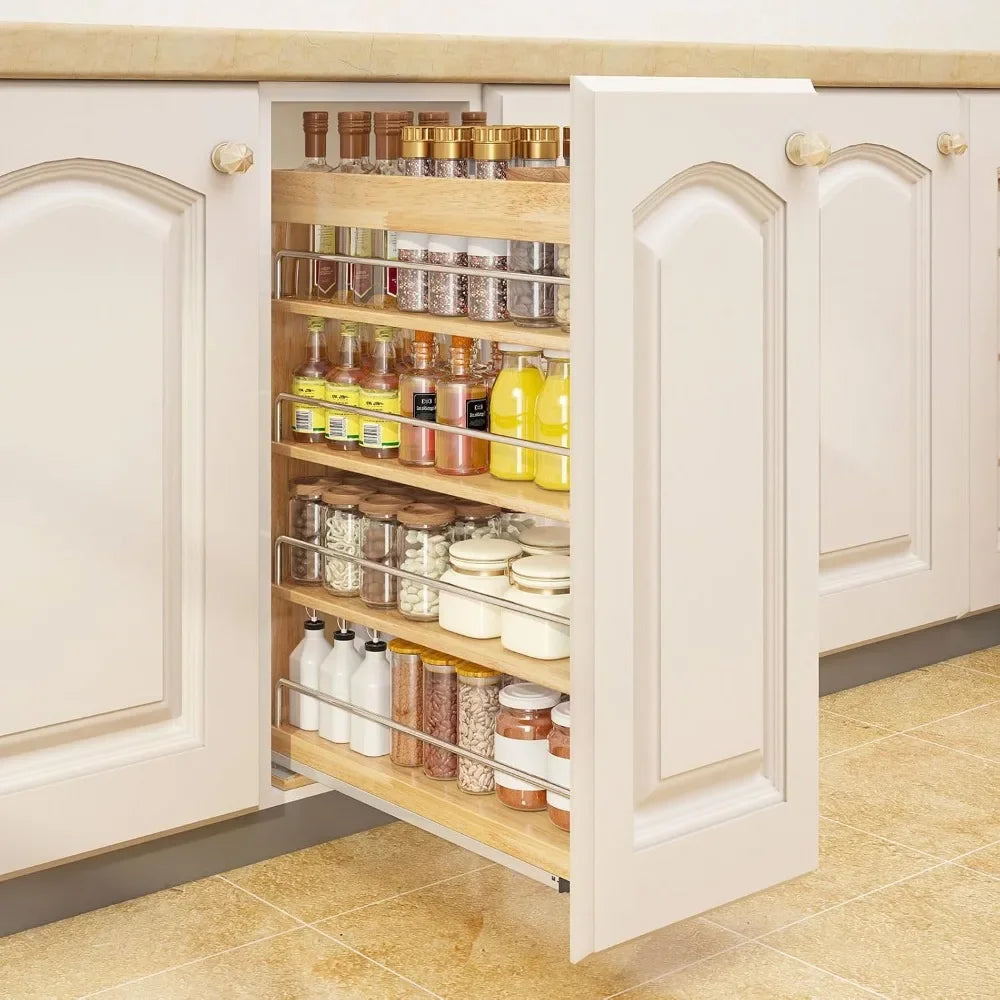 Pull-Out Spice Rack Organizer for Cabinet, (5" W x 21.9" D x 25.2" H) Multi-Use Wood Pull Out Cabinet Organizer (Slide Out)
