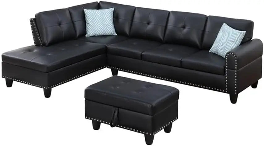 L-Shaped Faux Leather Sectional Sofa With Lift Top Ottoman Storage, Black