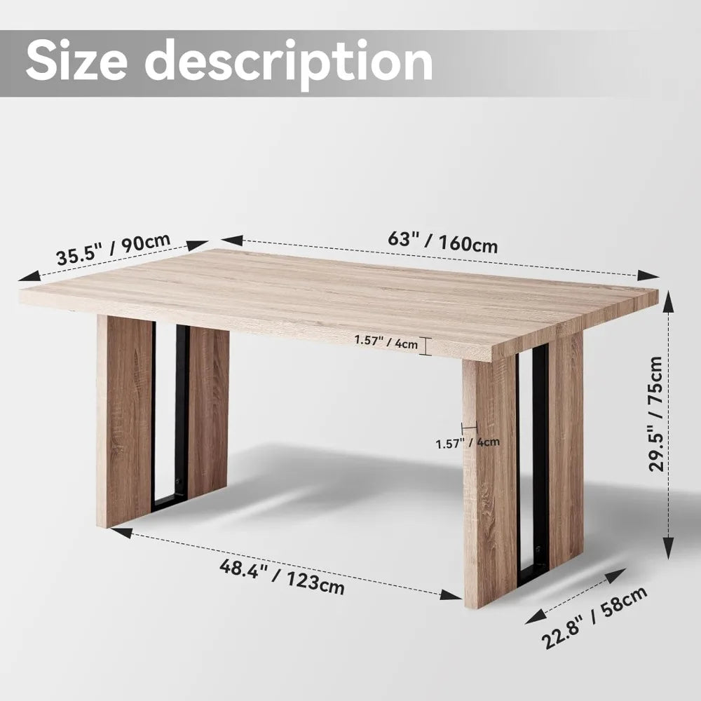 63" Rustic Farmhouse Dining Table With Heavy Duty Legs