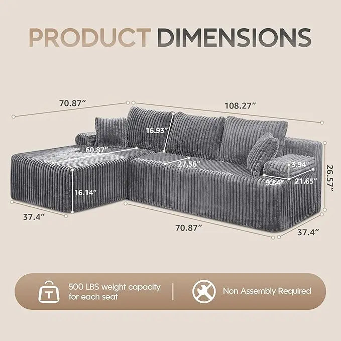Modular L Shaped 3 Seat Sectional With Memory Foam Storage