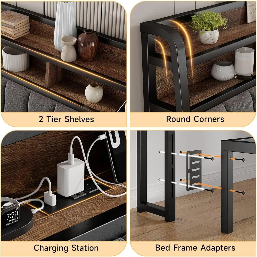 Ergonomic King Size Headboard, with 2 Tier Storage and USB Ports