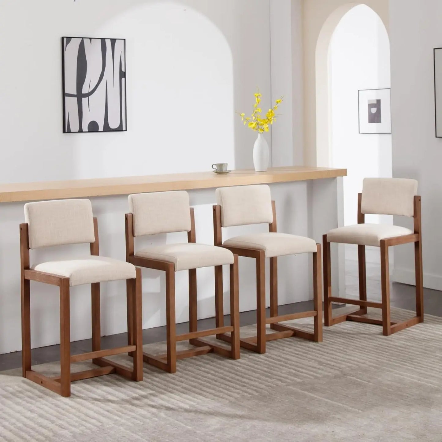 Modern Linen Bar Stools Set Of 4 With Wood Legs 26 Inch