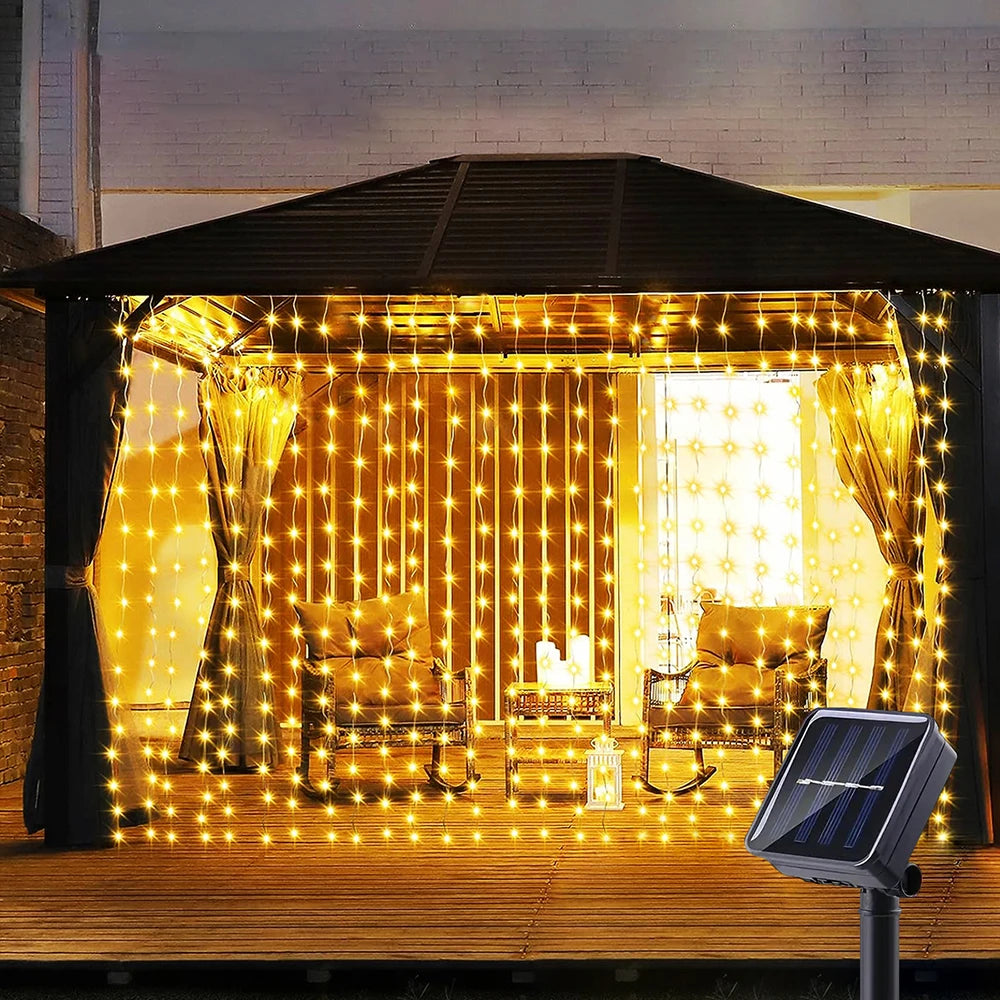 300 LED Solar Curtain Lights Outdoor Fairy Garland 8 Modes