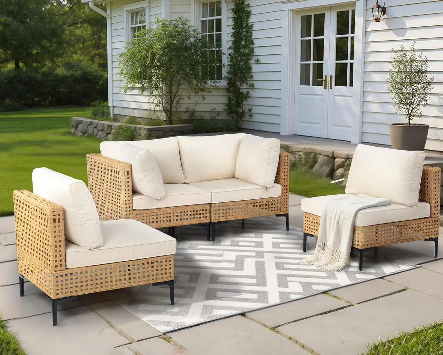 Angduo 110-Inch Large 7-Piece All-Weather-Resistant Wicker Outdoor Patio Ensemble