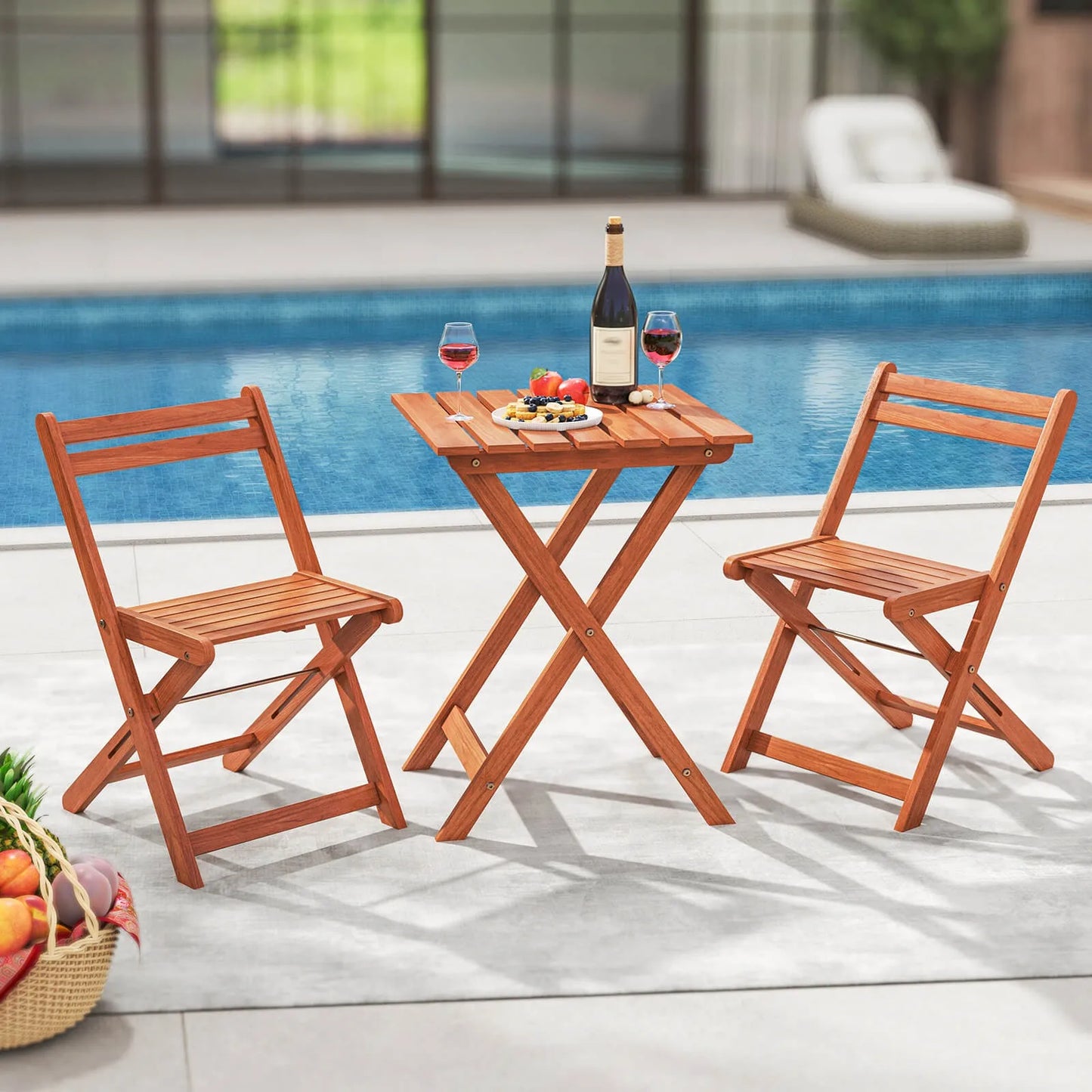 3 Piece Outdoor Wood Bistro Set w/ 2 Folding Chairs & Dining Table for Backyard