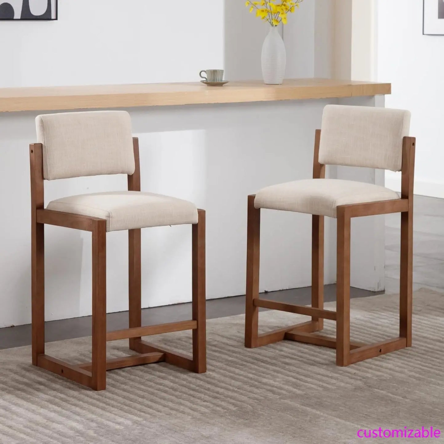 Modern Linen Bar Stools Set Of 4 With Wood Legs 26 Inch