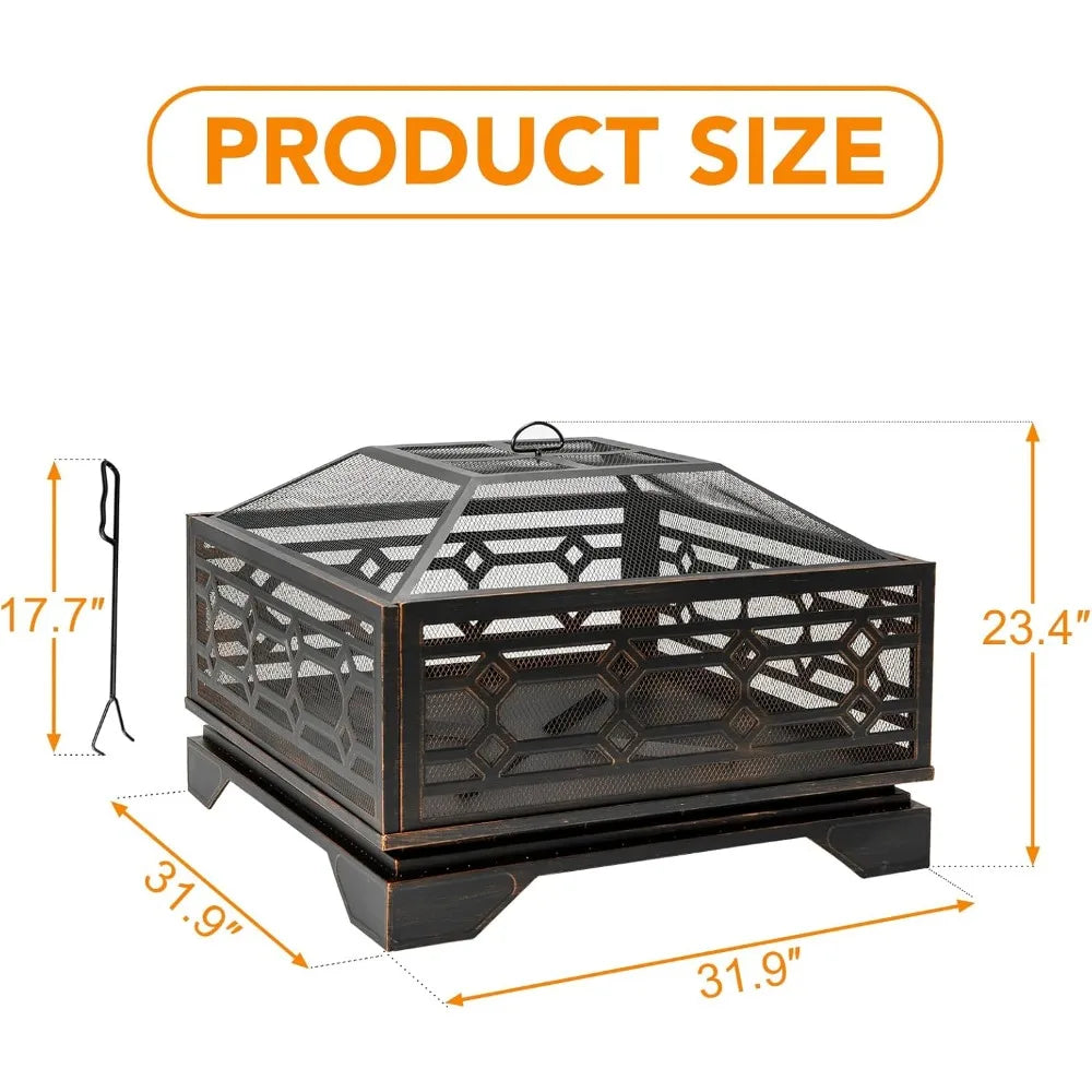 32 Inch Outdoor Wood Burning Fire Pit With Mesh Cover