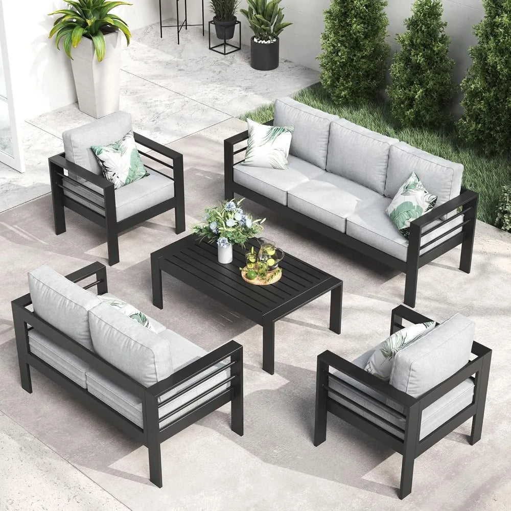 High-Quality Outdoor Aluminum Furniture Set, 5 Piece, Patio Sectional Conversation Chat Sofa Modern Seating Set