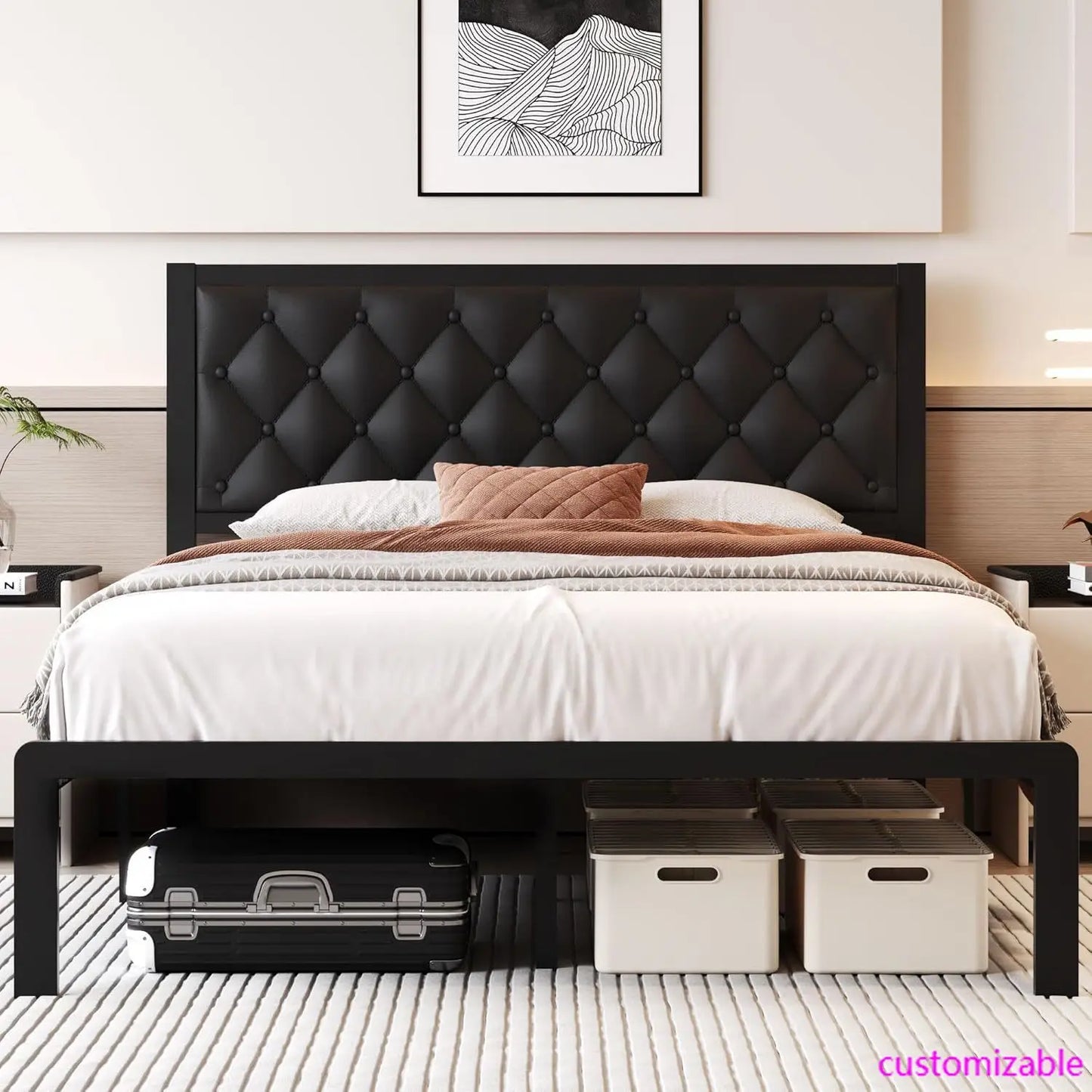 Queen Upholstered Leather Headboard Platform Bed Frame Slats