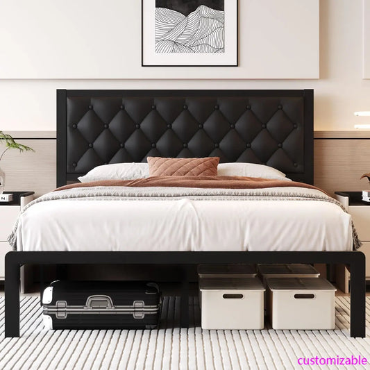 Queen Upholstered Leather Headboard Platform Bed Frame Slats