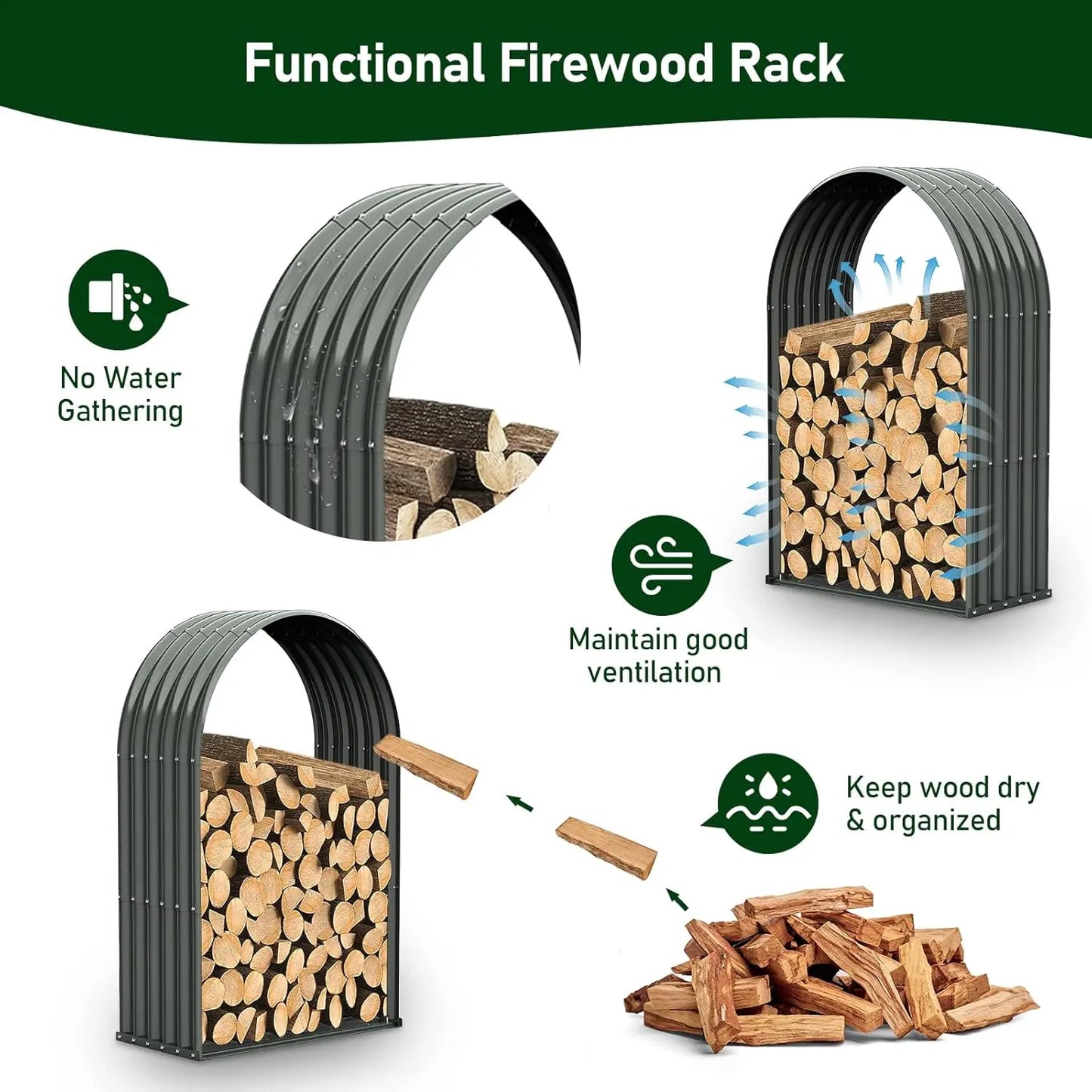 Galvanized Steel Firewood Shed And Log Rack - Arch Gray