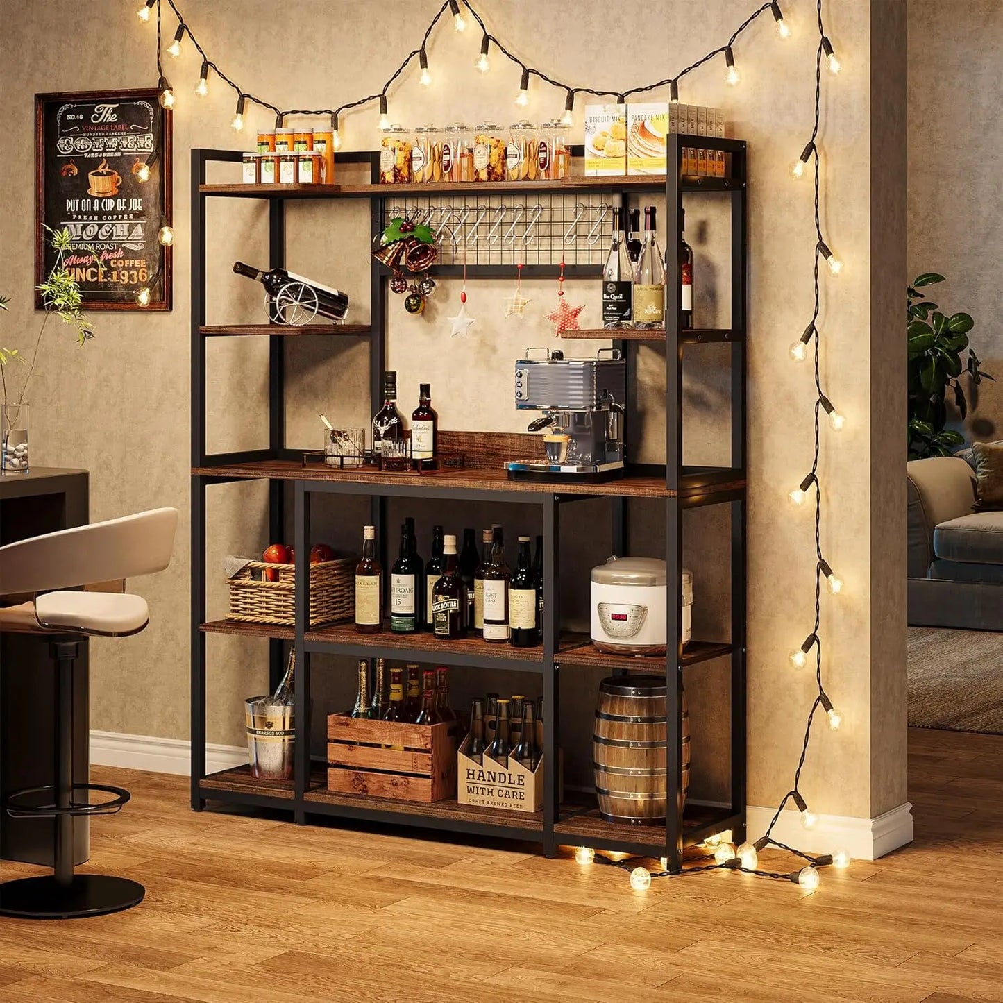 Kitchen Bakers Rack,  Microwave Stand, 55" Wide Kitchen Storage Shelf, Large Coffee Bar Station Baker's Rack with 11 Hooks