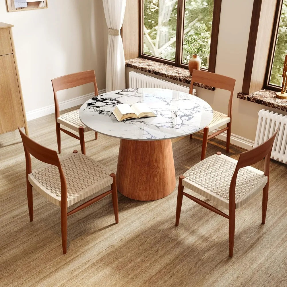 39" Round Dining Table Stone Top With Black Marble Look