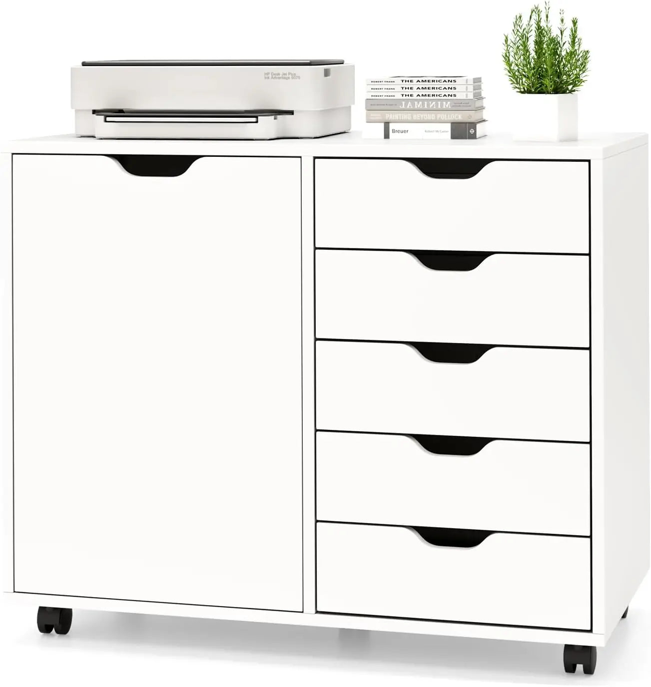 Storage Cabinet, White, Five Drawer Rolling Cabinet with Wheels (Closet or Office)