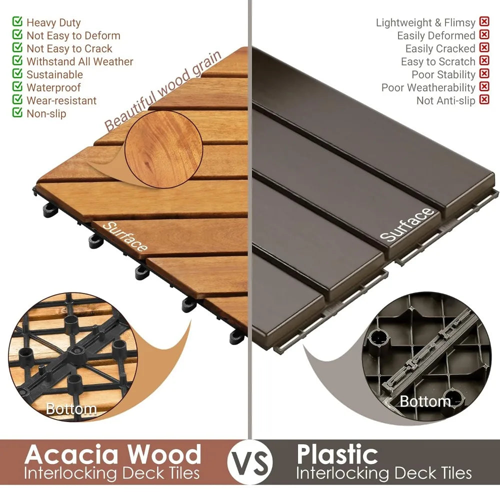 Acacia Wood Interlocking Deck Tiles 12x12 Waterproof Indoor Outdoor Flooring