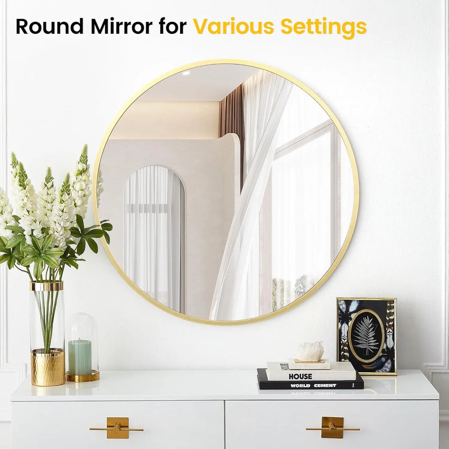Extra Thick Round Mirror, Golden Aluminum Frame, Wall Mounted