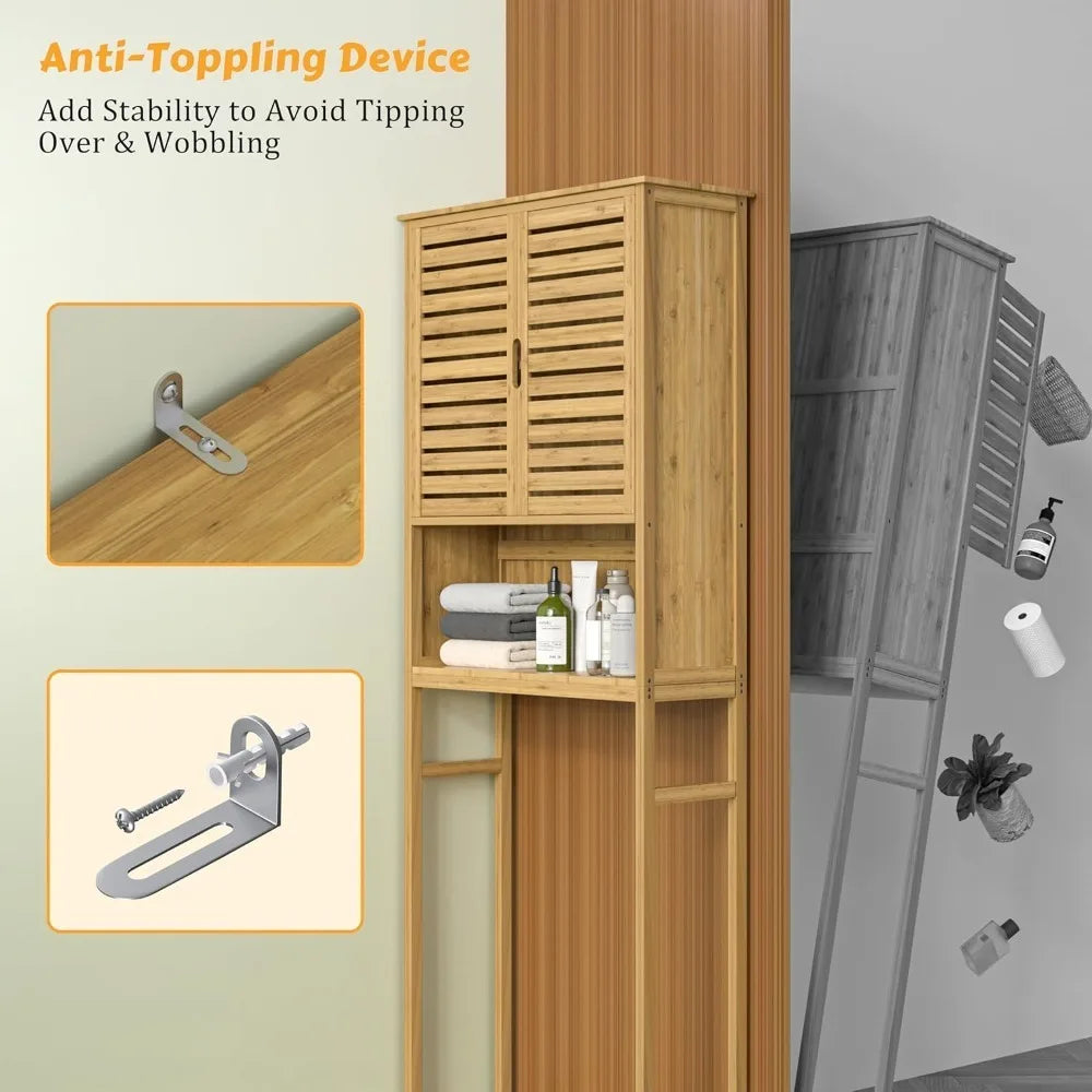 Fully upgraded-Over-The-Toilet Storage Shelf with Doors, Bathroom Freestanding Bamboo Organizer Space Saver with Adjustable Shelf