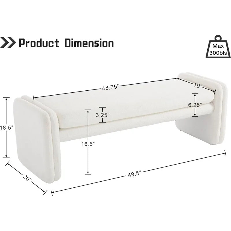 White Boucle Fabric Bench, Faux Sherpa Upholstered Entryway Bench, End of Bed Ottoman Bench with Removable Bench Seat Cushion