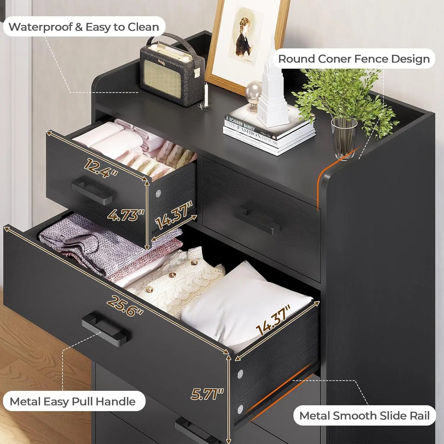 Black 6 Drawer Dresser Vertical Storage Chest Organizer