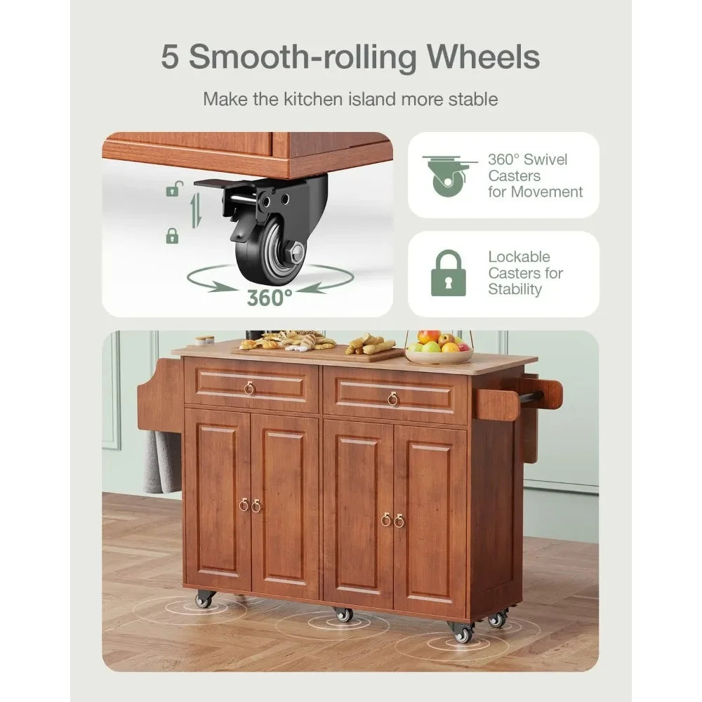 Kitchen Island with Drop Leaf and Storage, on Wheels Two Drawers, Large Storage Cabinet, Towel Rack Spice Cart Brown