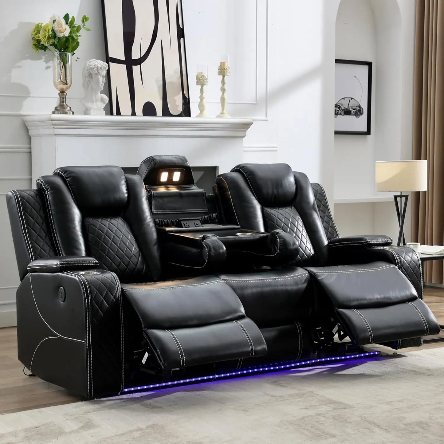 TODRANI Power Reclining Sofa w/ Wireless Charger, LED Floor Lights, Reading Light, Drop-down Table, USB/Type-C Port