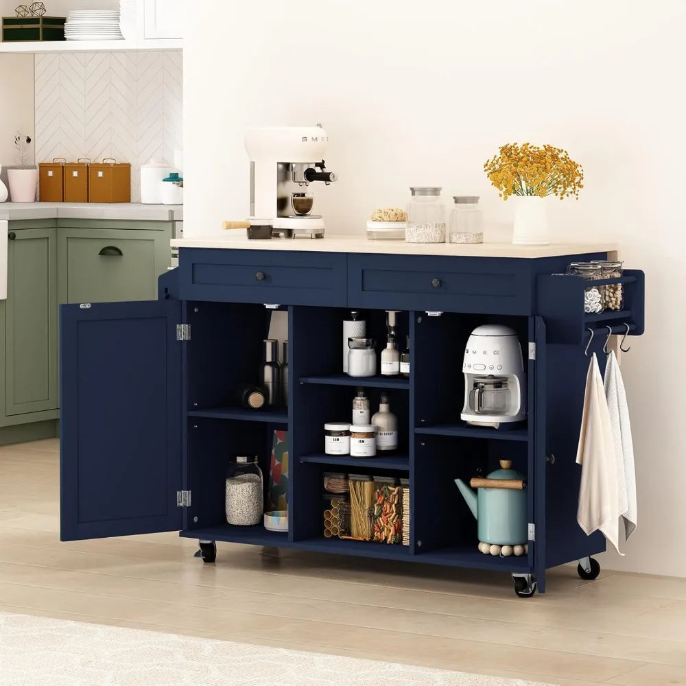 Blue Kitchen Island On Wheels With Drop Leaf Countertop