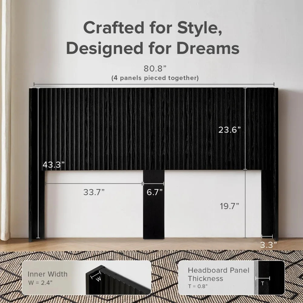 Brooklyn 80.8" Headboard Only, Wood Headboard, Modern Farmhouse, Boho, Wall Mount, Fluted Panel, Wingback Design, Black Oak