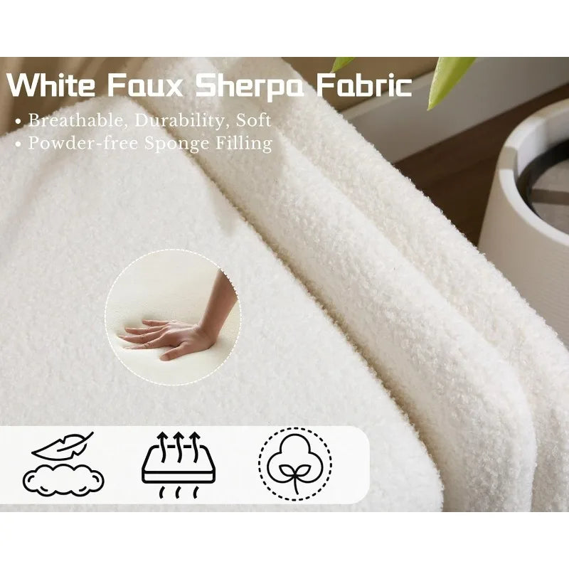 White Boucle Fabric Bench, Faux Sherpa Upholstered Entryway Bench, End of Bed Ottoman Bench with Removable Bench Seat Cushion