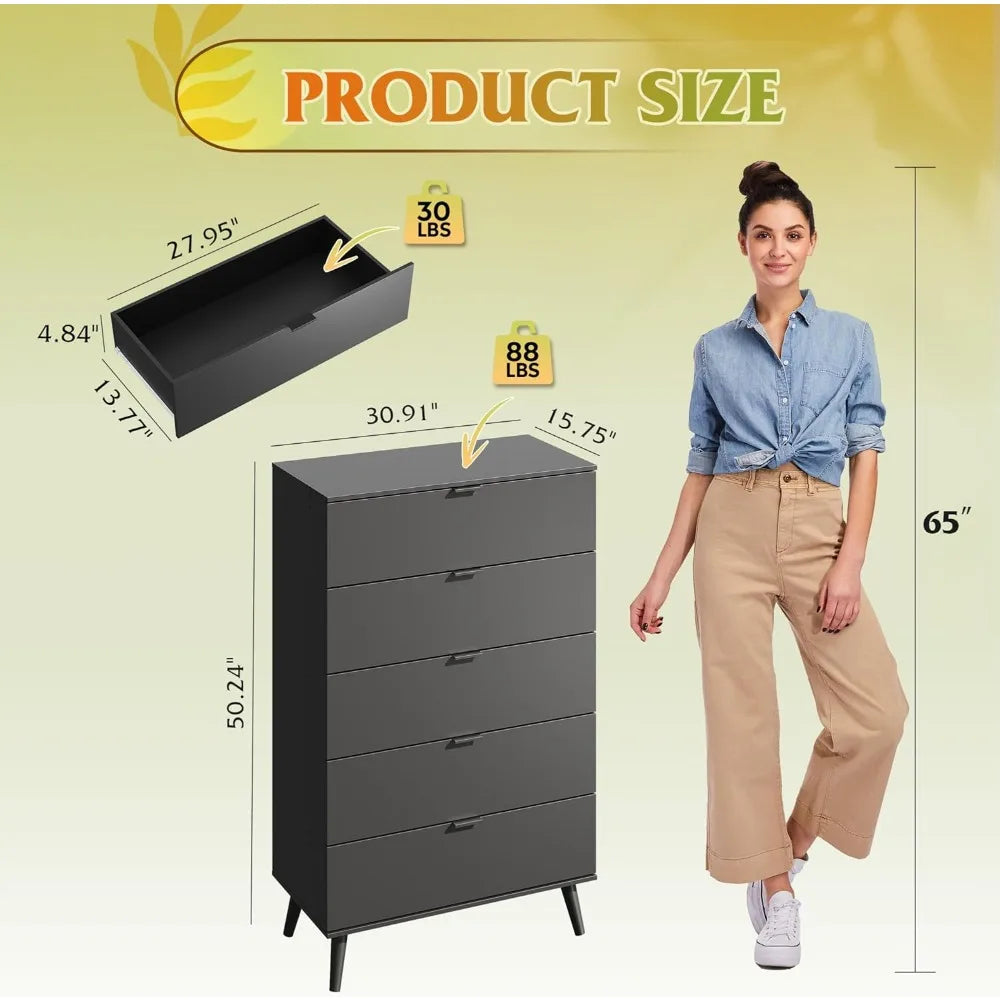 Black 5 Drawer Tall Dresser Storage With Metal Handles