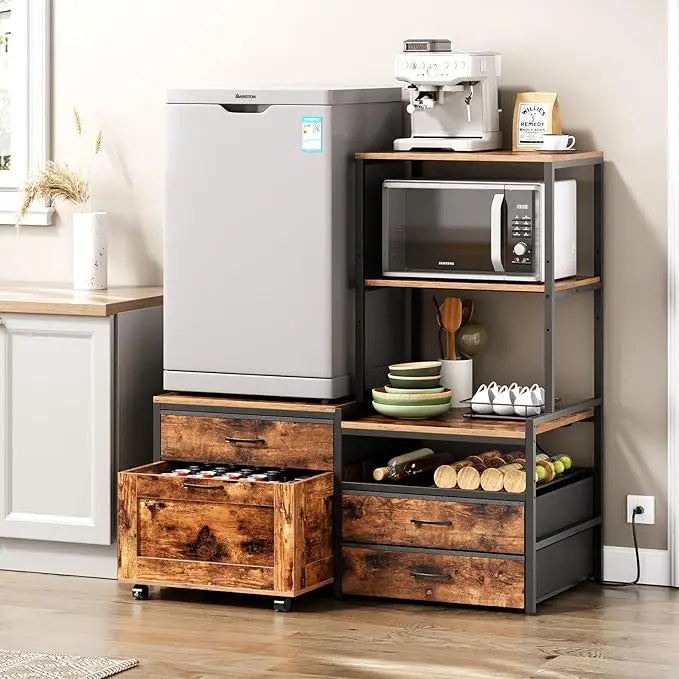 Mini Fridge Stand with Wine Rack, Kitchen Bakers Rack with Power Outlet, Microwave Oven Stand, Coffee Bar, Movable Drawers
