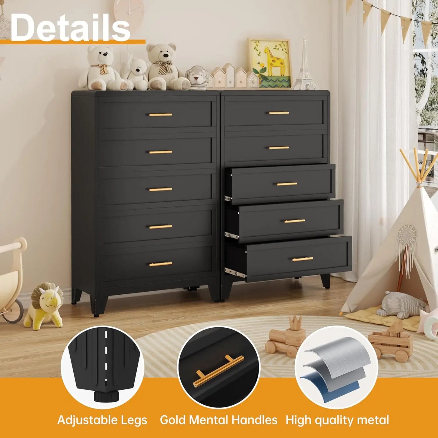 Metal 5 Drawer Dresser Chest Of Drawers For Bedroom Office