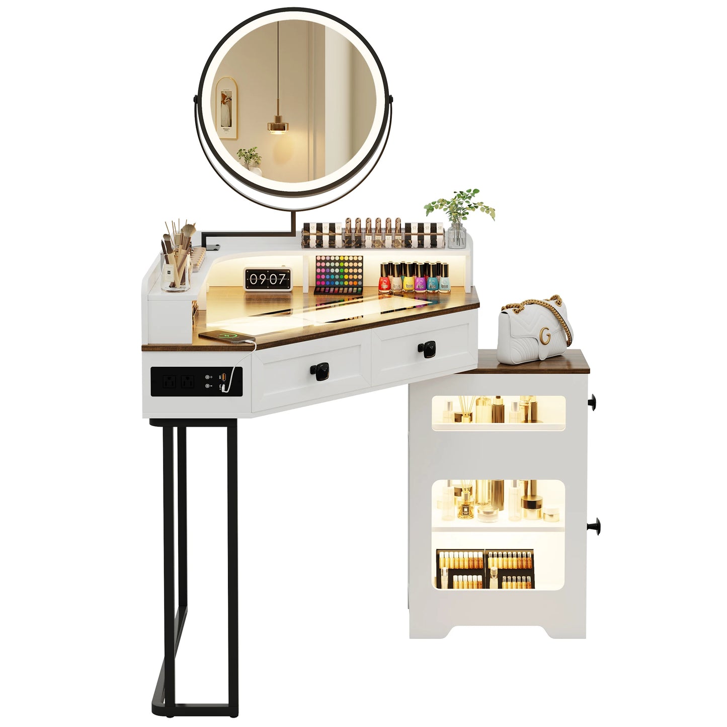 JDPAG Corner Vanity Desk with Mirror and Lights, Makeup Vanity with Charging Station&Human Sensor Light, Dressing Table