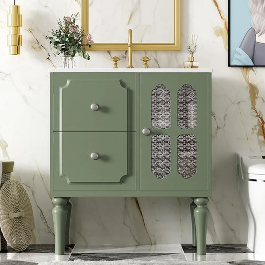 30" French Country Bathroom Vanity with Glass Door Sink