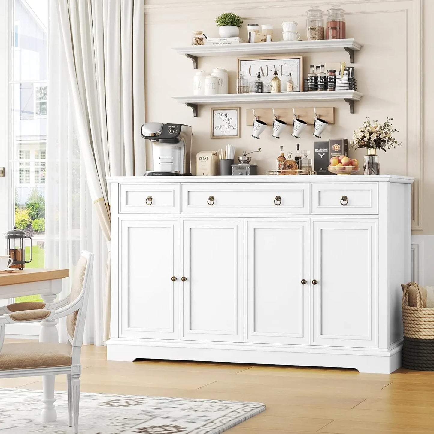White Kitchen Buffet Cabinet With Storage 52 Inch Sideboard