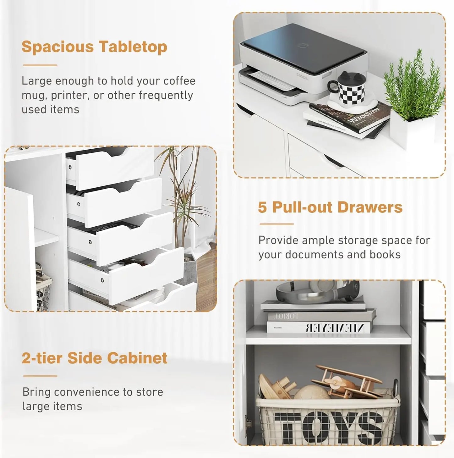 Storage Cabinet, White, Five Drawer Rolling Cabinet with Wheels (Closet or Office)