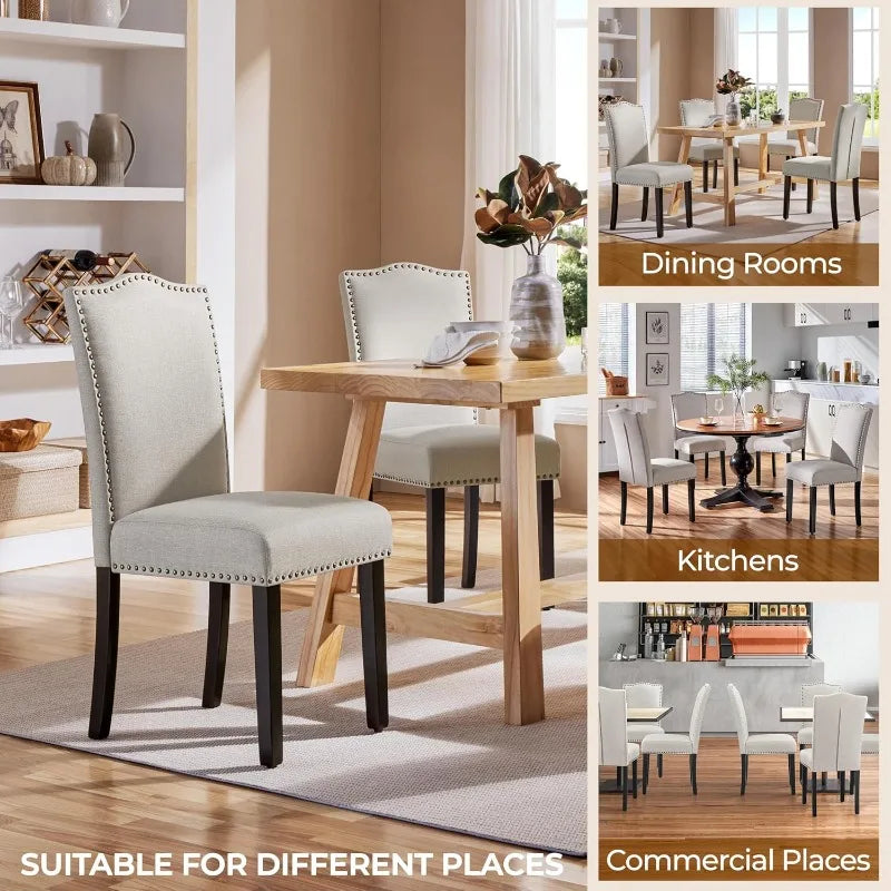 Dining Chairs, Set of Six, Modern Beige Fabric Upholstered
