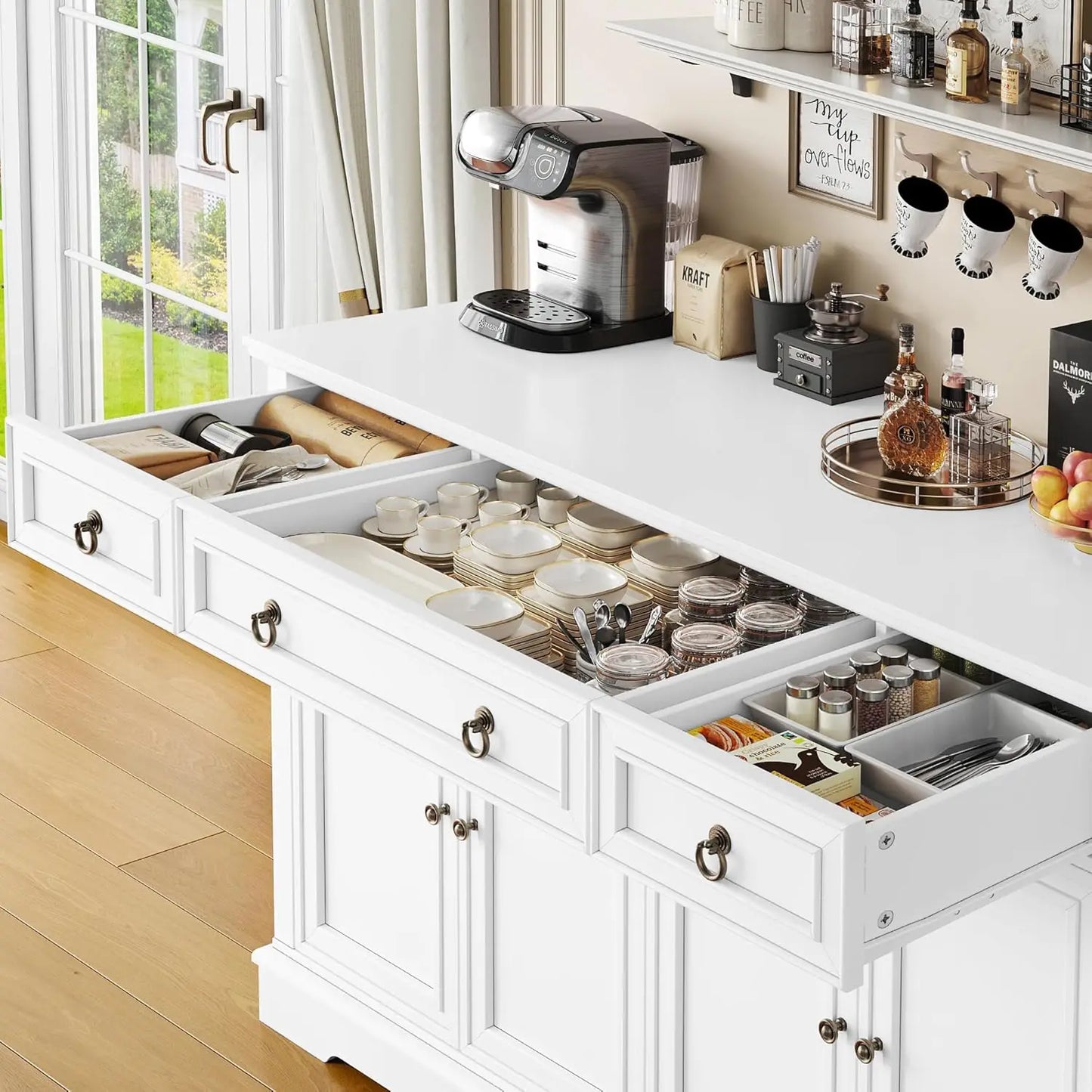 White Kitchen Buffet Cabinet With Storage 52 Inch Sideboard