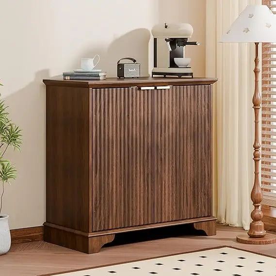 Walnut Modern Buffet Cabinet With Adjustable Shelves