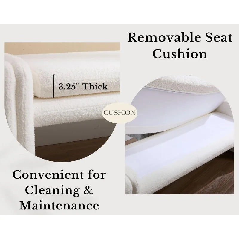 White Boucle Fabric Bench, Faux Sherpa Upholstered Entryway Bench, End of Bed Ottoman Bench with Removable Bench Seat Cushion
