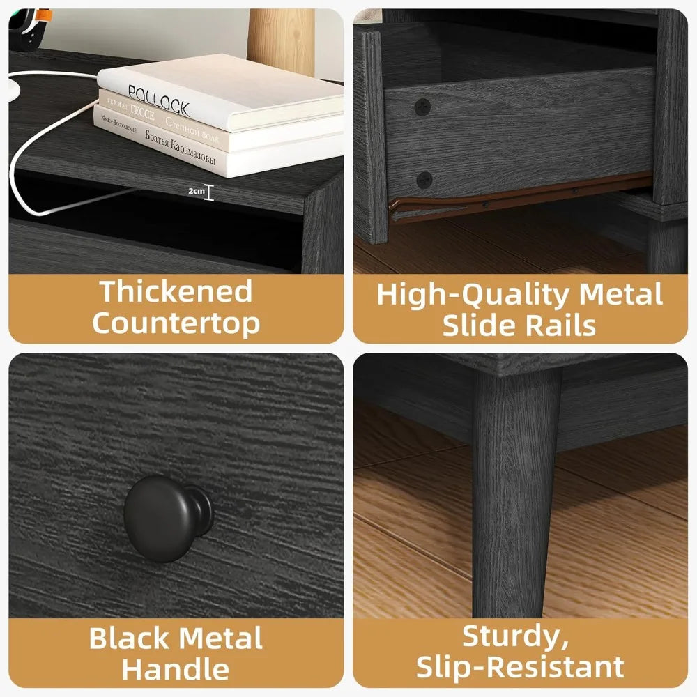 Nightstands, Wood, Set Of 2 With 3 Drawers And Charge Station